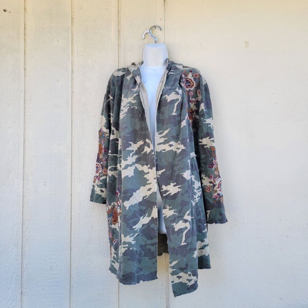 Caite Womens Embroidered Hooded Open Front Cardigan Sz Sm Camo Print Multicolor